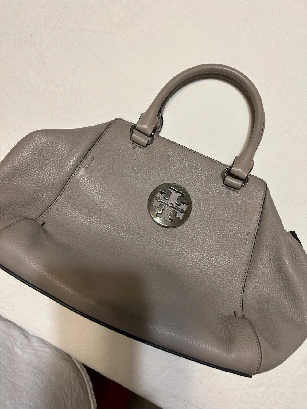 Tory Burch Pebbled Leather Satchel in Taupe Gray